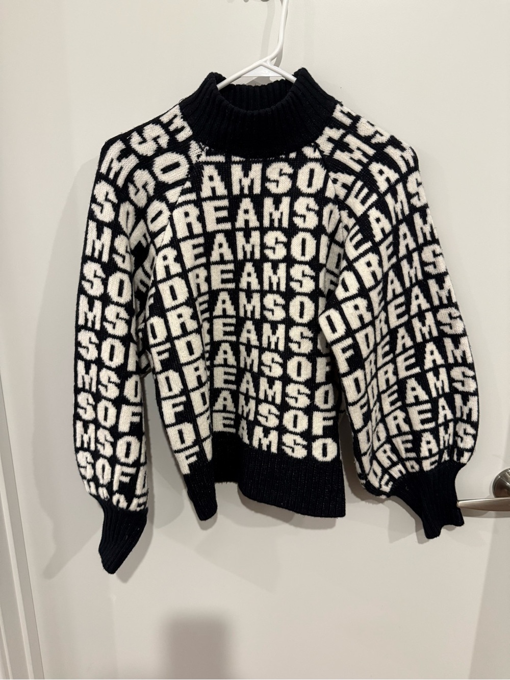 H&M Black and White Text Knit Mock Neck Sweater